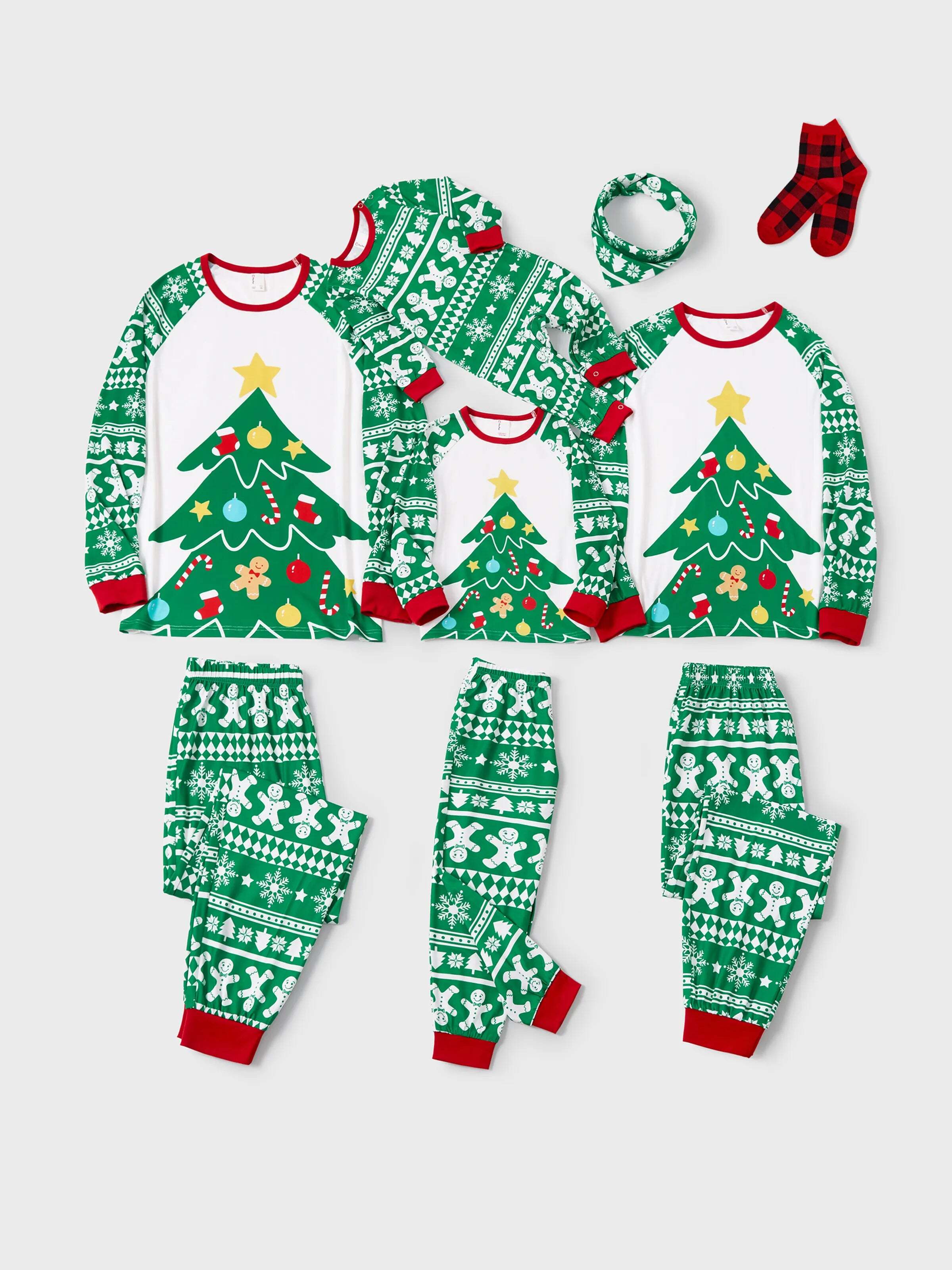 Christmas Matching Family Pajamas Set Gingerbread and Christmas Tree Print Green PJS with Christmas Socks Green
