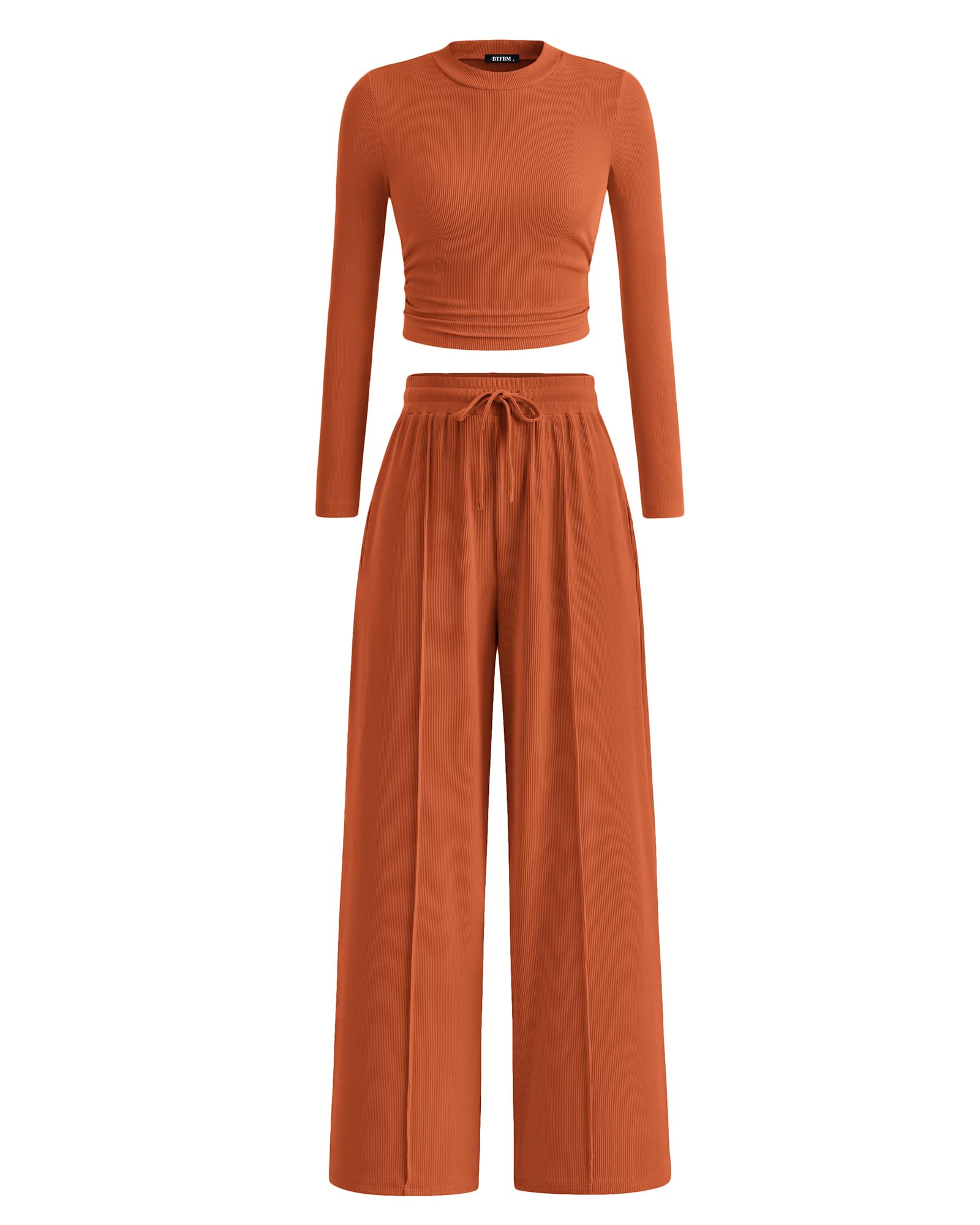 2-Piece Lounge Set – Ribbed Knit Long Sleeve Crop Top & Wide Leg Pants