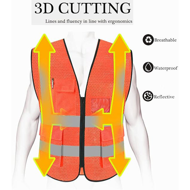 Breathable Hi-Vis Mesh Safety Vest with Zipper & Pockets, Meets ANSI/ISEA Standards