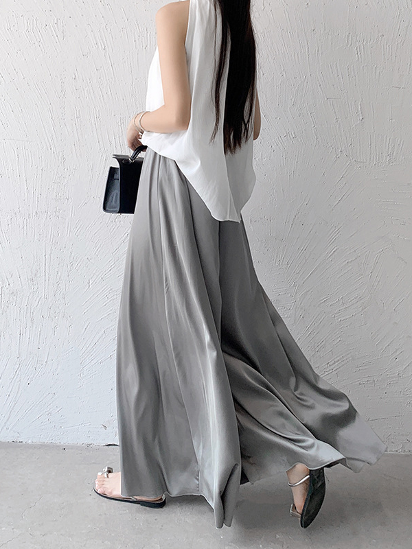 Elasticity Pleated Solid Color High Waisted Loose Pants Culotte
