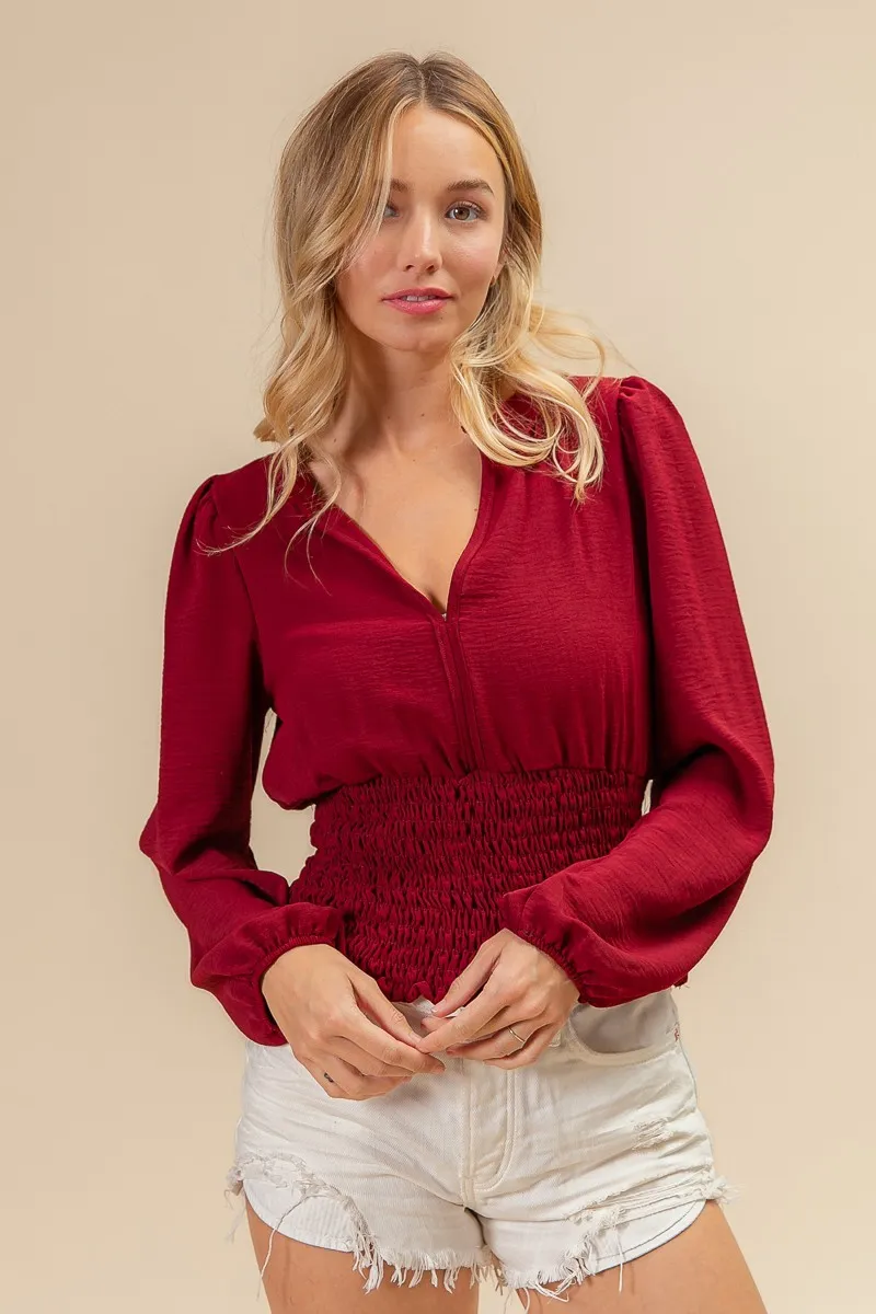 Smoking Waist Band and Puff Sleeves Deep V Neck Top