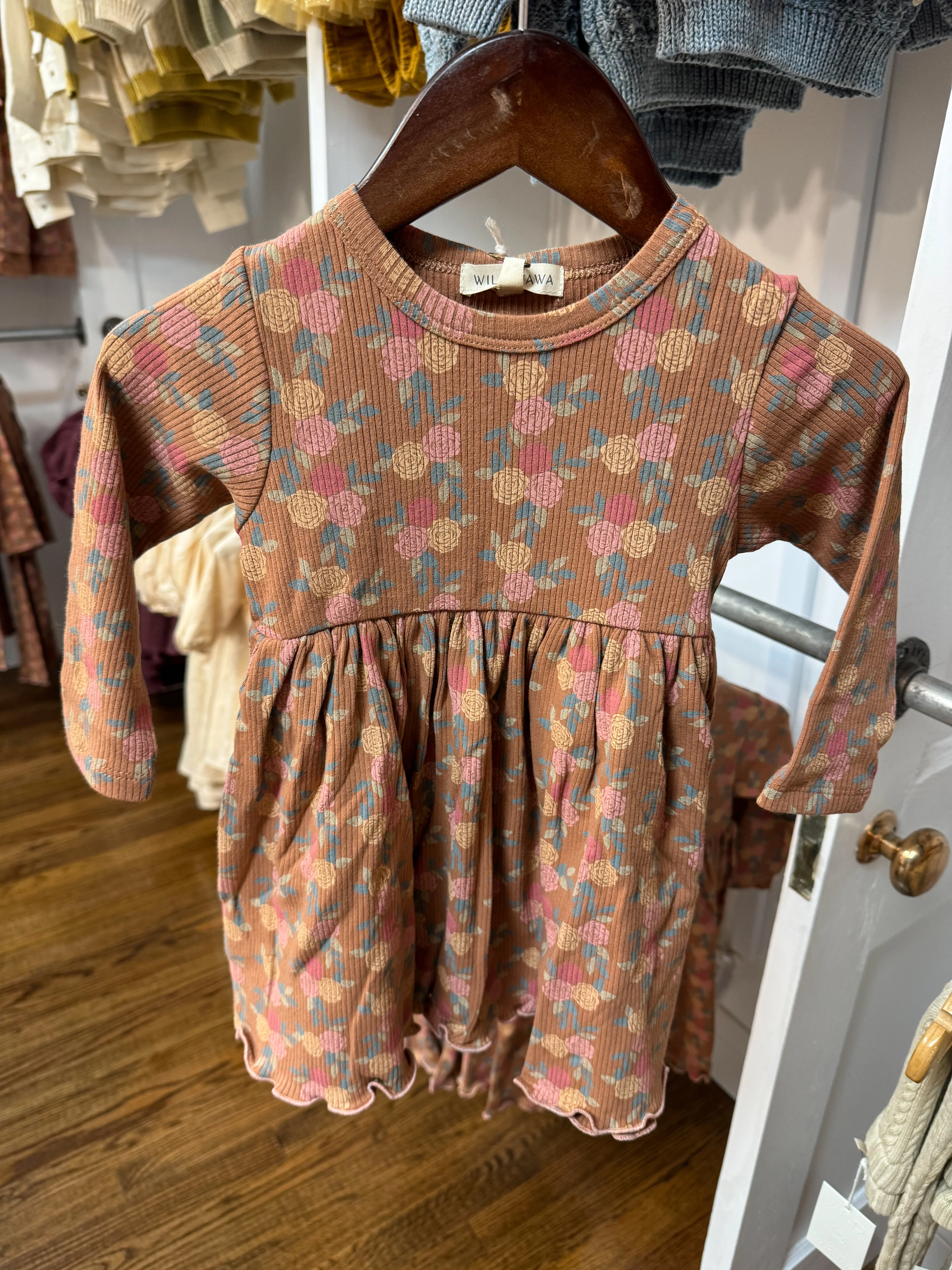 Rib Long Sleeve Dress: Caramel Roses