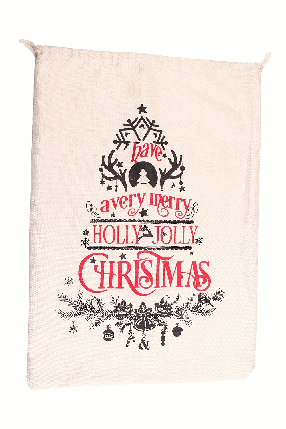 White Christmas Pattern Print Drawstring Large Gift Sack