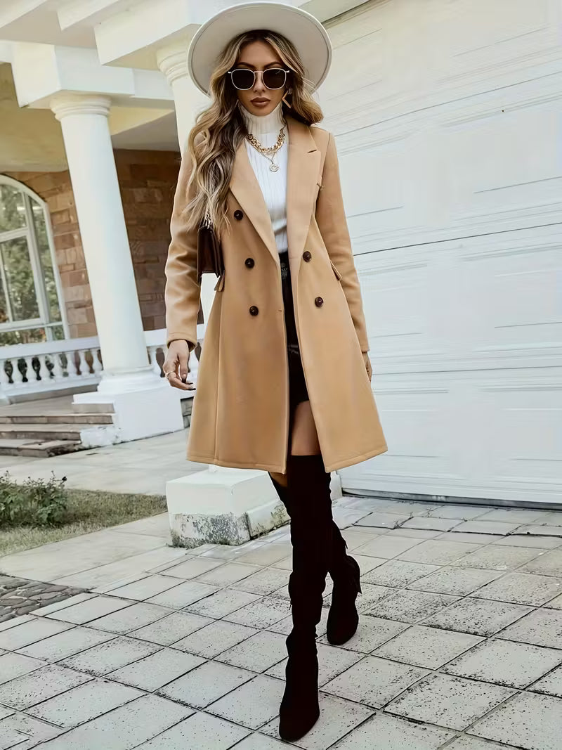 New Women Double Breasted Simple Design Woolen Coat