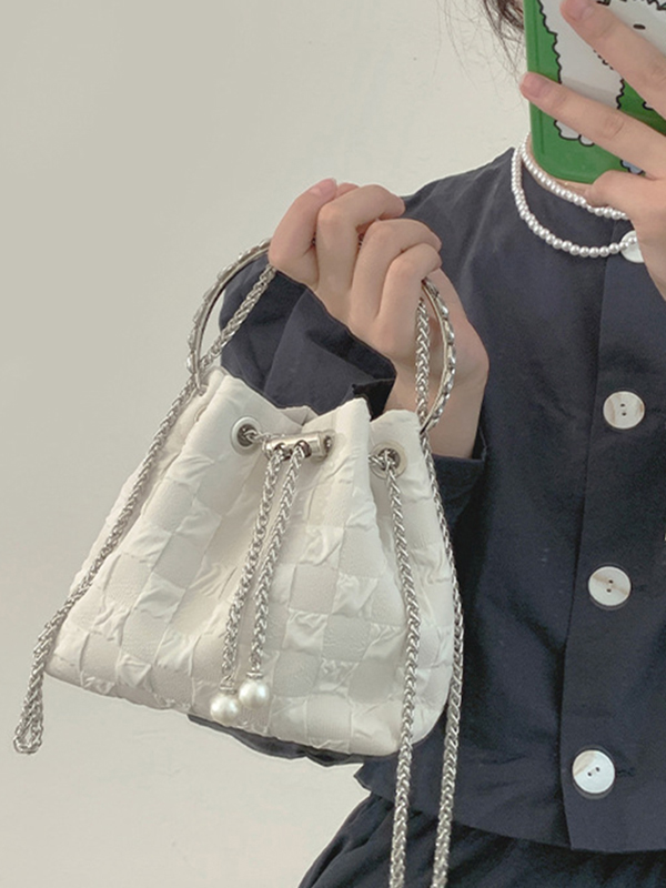Urban Solid Color Checkered Chain Bucket Messenger Bags