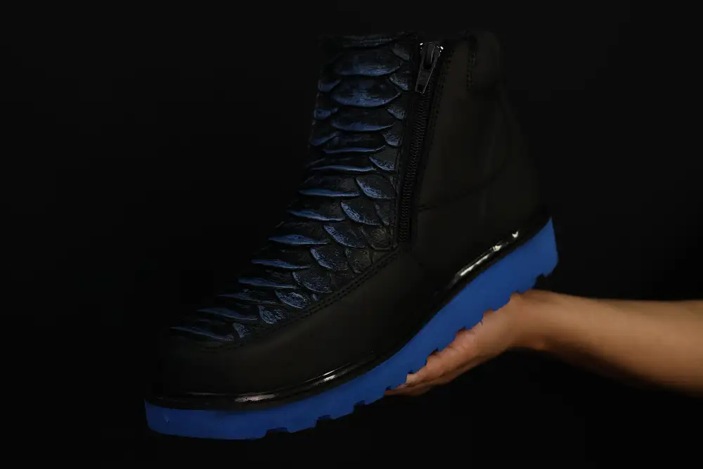 Men’s Black Python Cowboy Shoes With Ultra Light Blue Soles