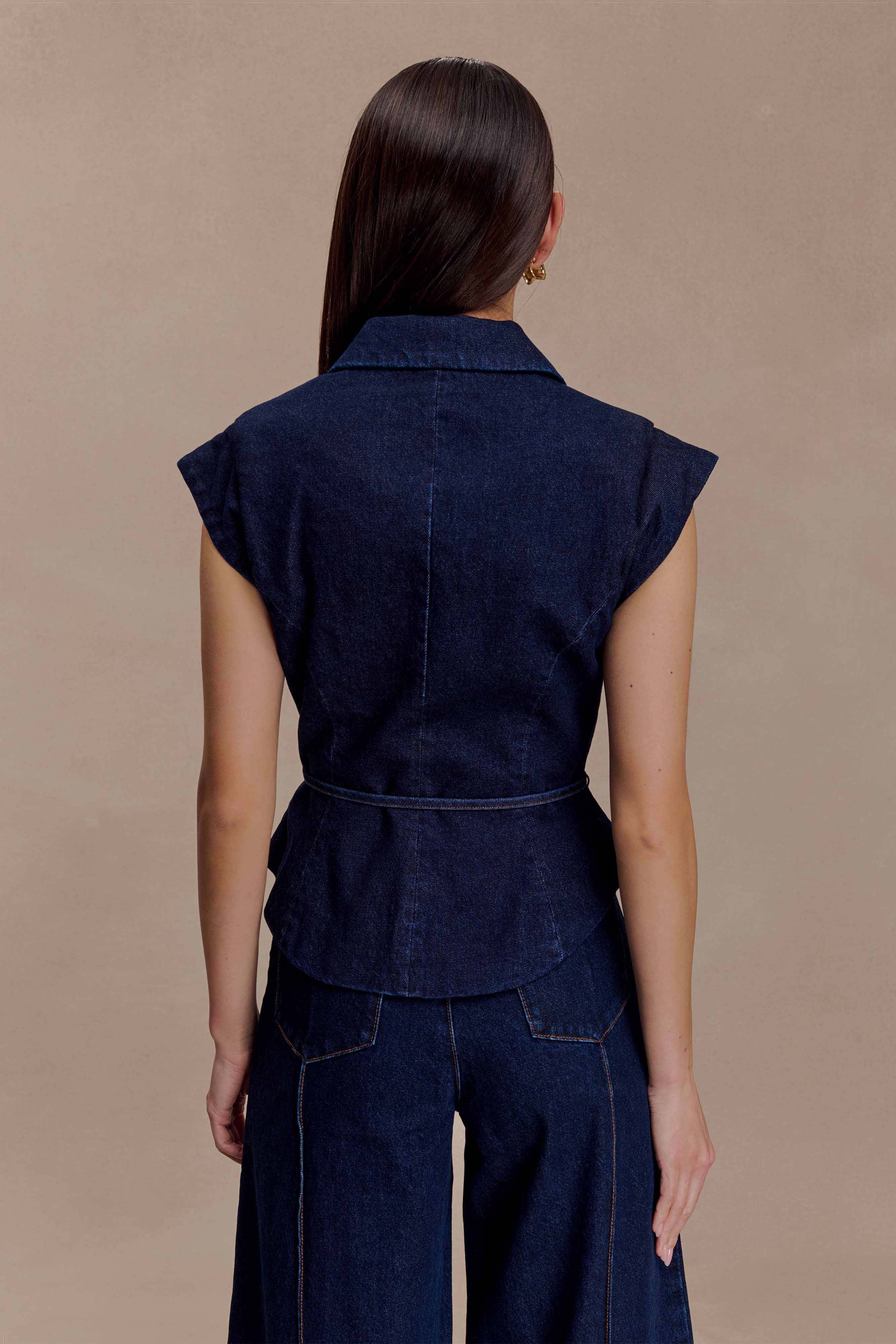 Blue Structured Tie Denim Top