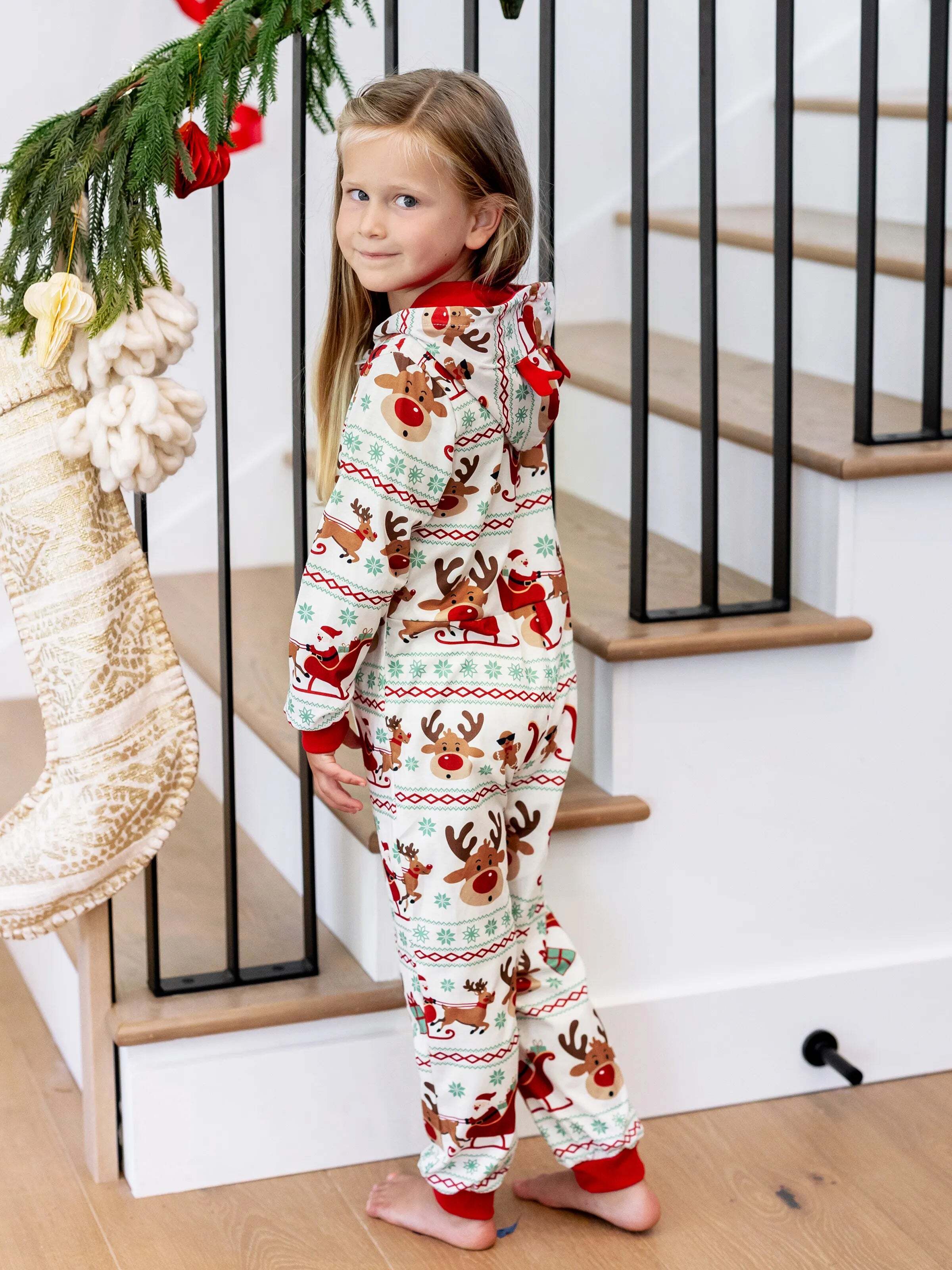 Christmas Onesies Matching Family Pajamas Set Reindeer Print Long-sleeve PJS with Christmas Socks Red