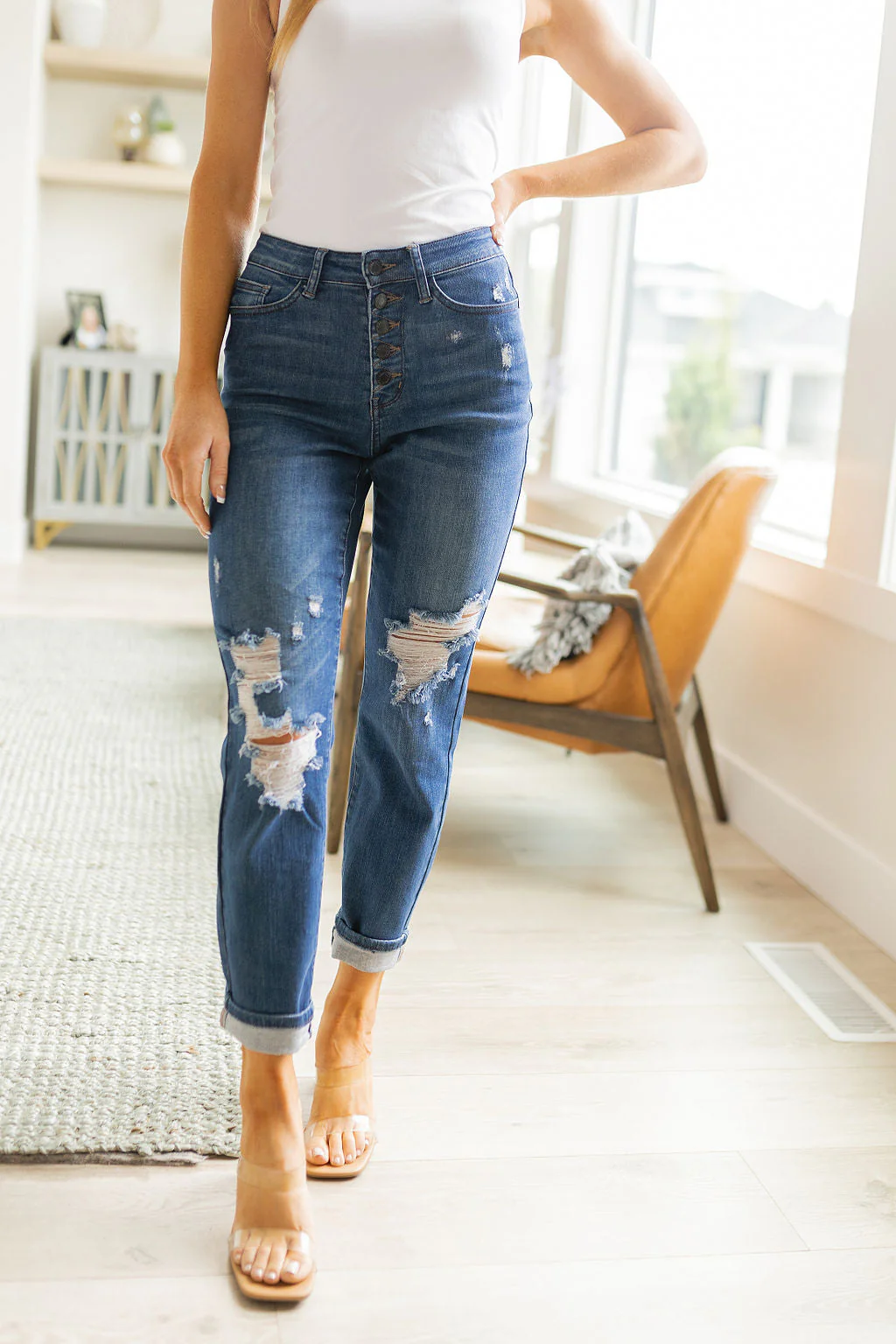 High Rise Button Fly Distressed Boyfriend Jeans