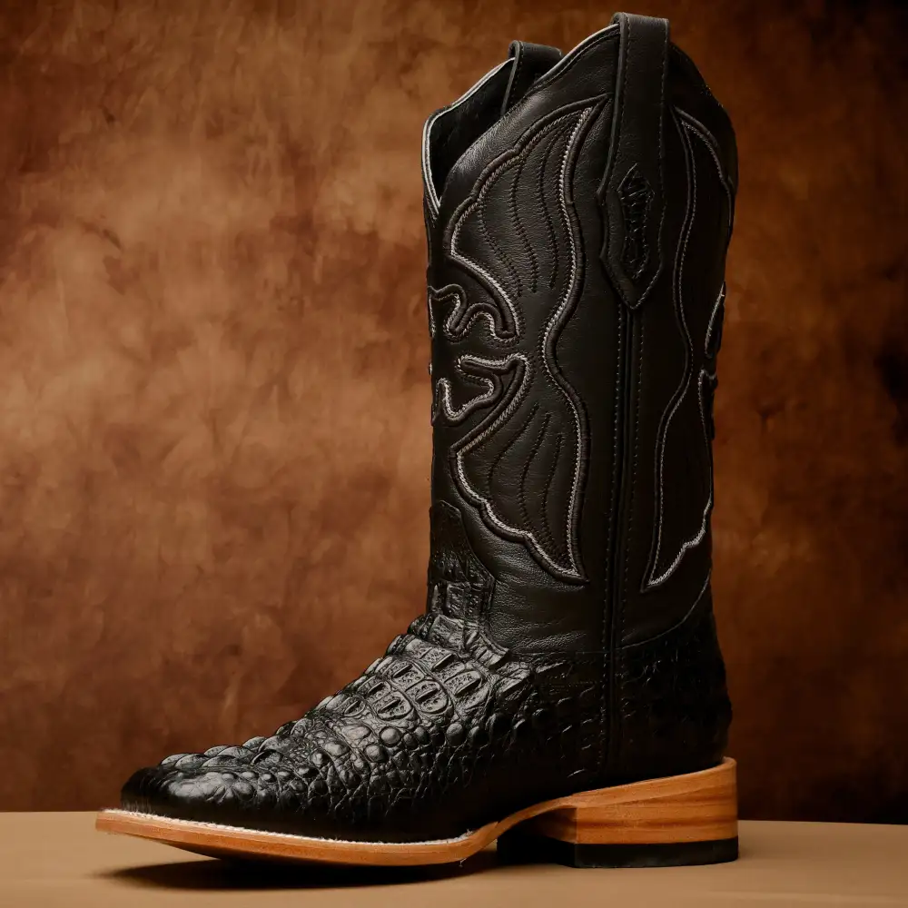 Black Caiman Neck Leather Boots - Square Toe