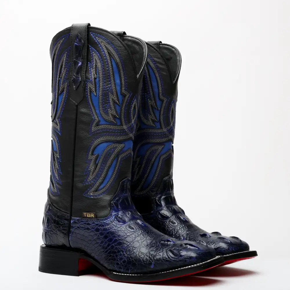 Black/Blue Giant Caiman Neck Leather Boots - Square Toe