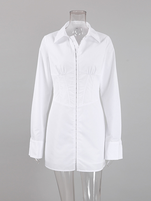 Buckle Solid Color Split-Front High Waisted Long Sleeves Lapel Mini Dresses