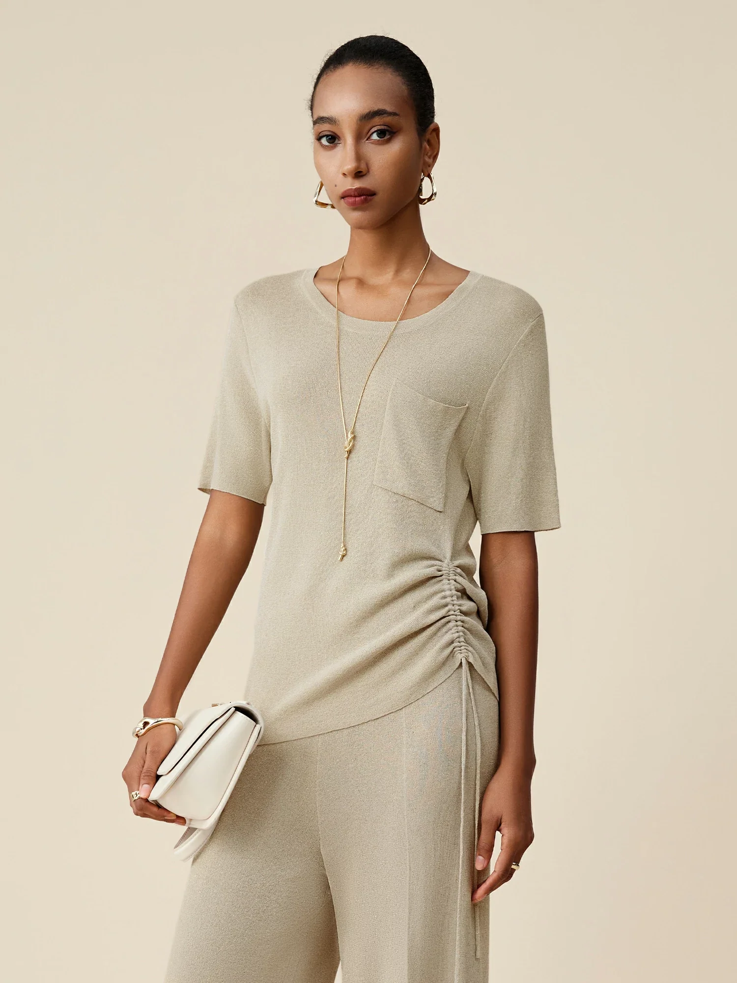 Round Neck Short Sleeve Drawstring Top