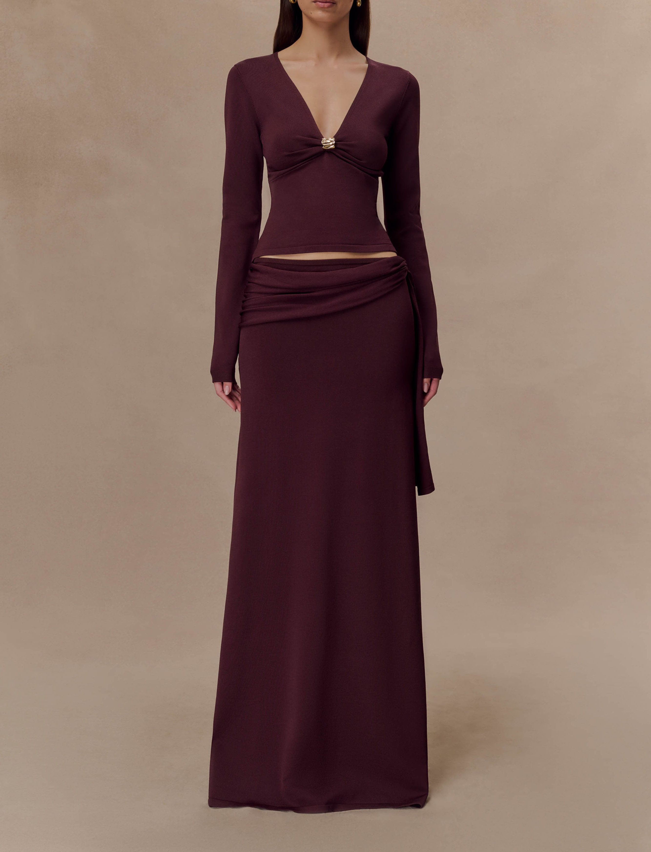 Chocolate Front Ruched Knit Long Sleeve Top