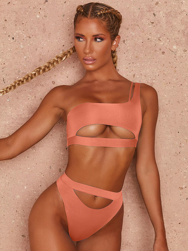 Fashion One-Sholuder Hollow Bralette High-Waisted Plain Bikini Swimwear