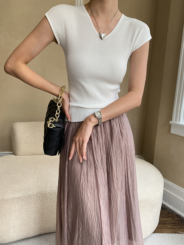 Solid Color Short Sleeves Skinny V-Neck T-Shirts