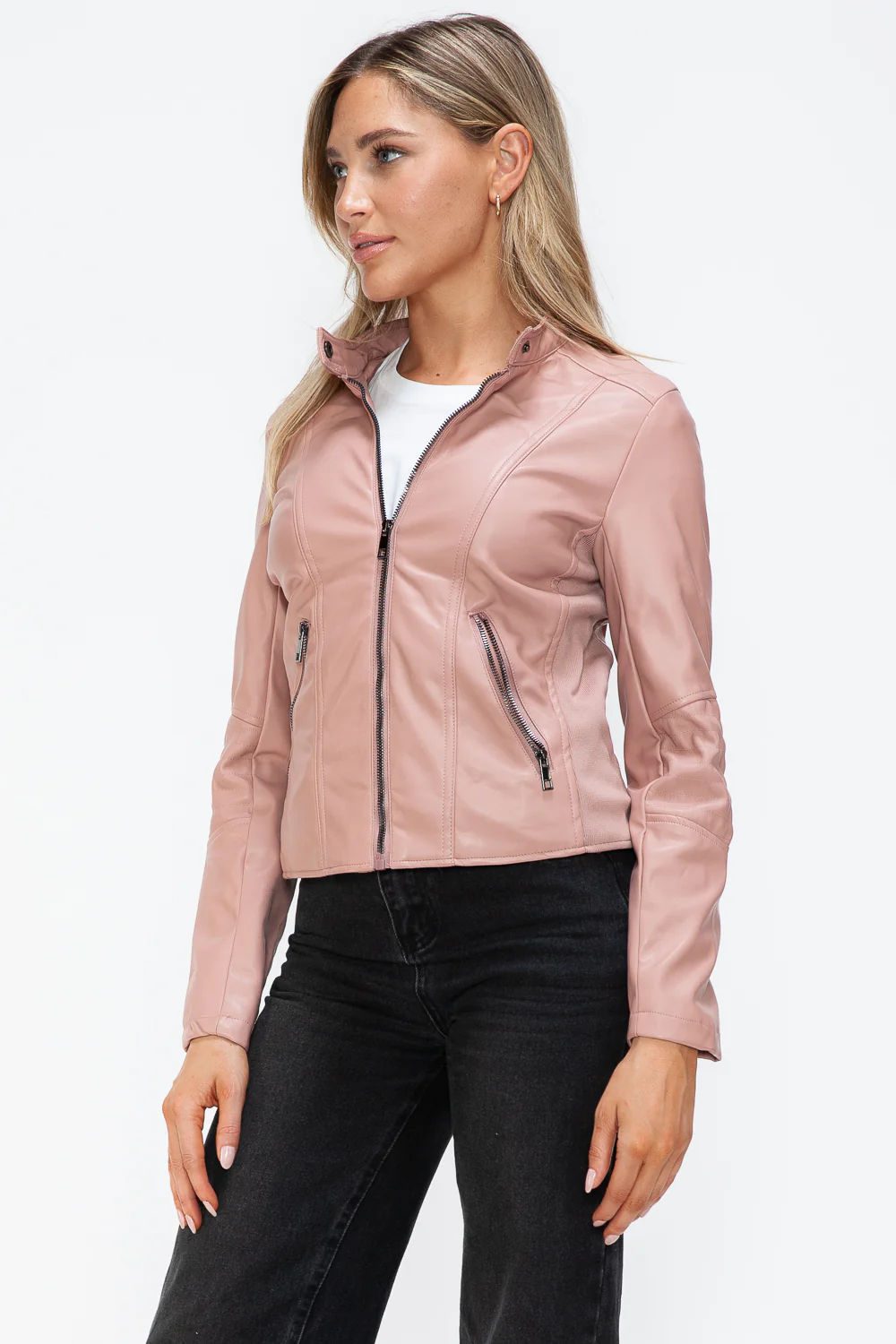 Faux Leather Zip Up Drawstring Hooded Jacket