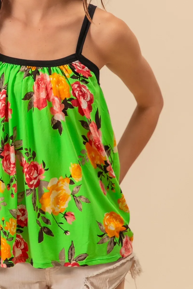 Floral Print Jersey Knit Gathering Cami Top