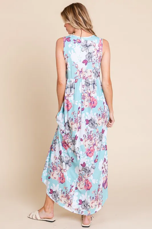 Floral Round Neck Sleeveless Maxi Dress with Pockets