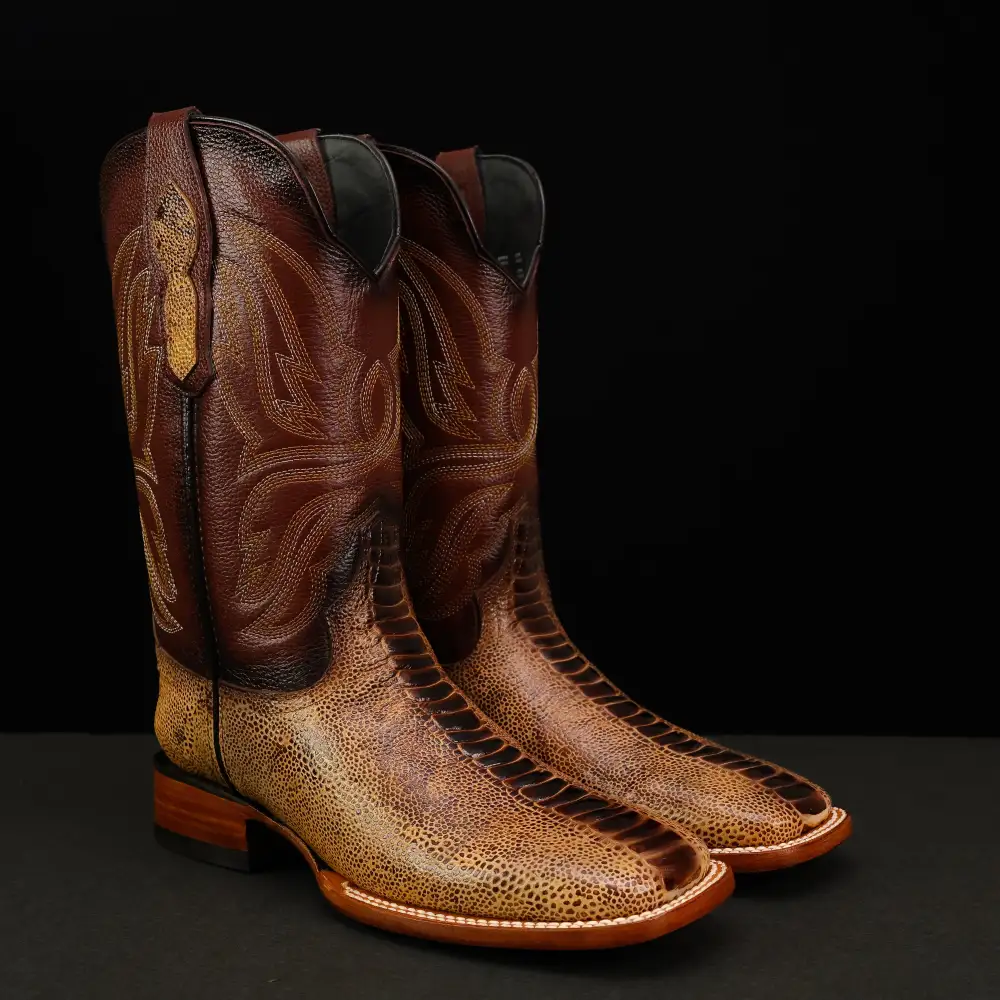 Honey Ostrich Leg Leather Boots - Square Toe