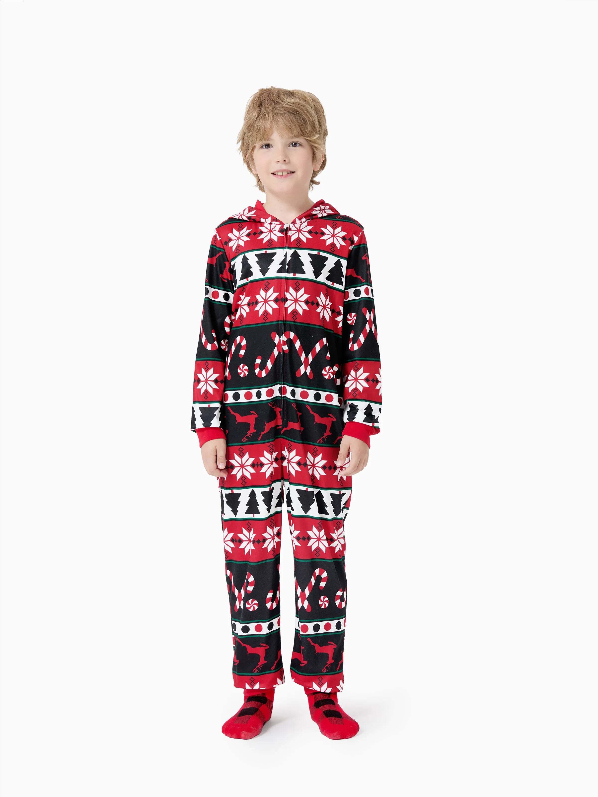Christmas Pajamas 3D Reindeer Pattern Zipper Hooded Onesies Matching Family Outfits red/black