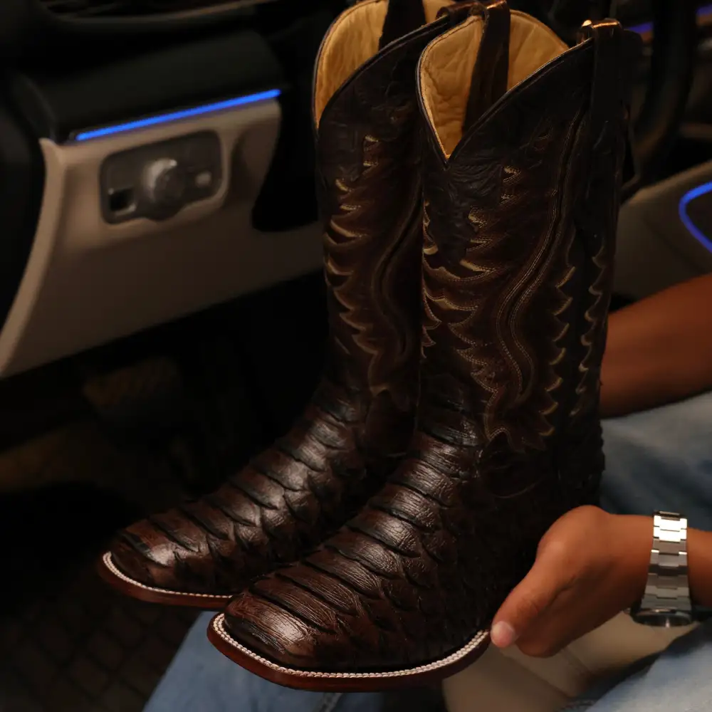 Chocolate Brown Jumbo Python Leather Boots - Square Toe