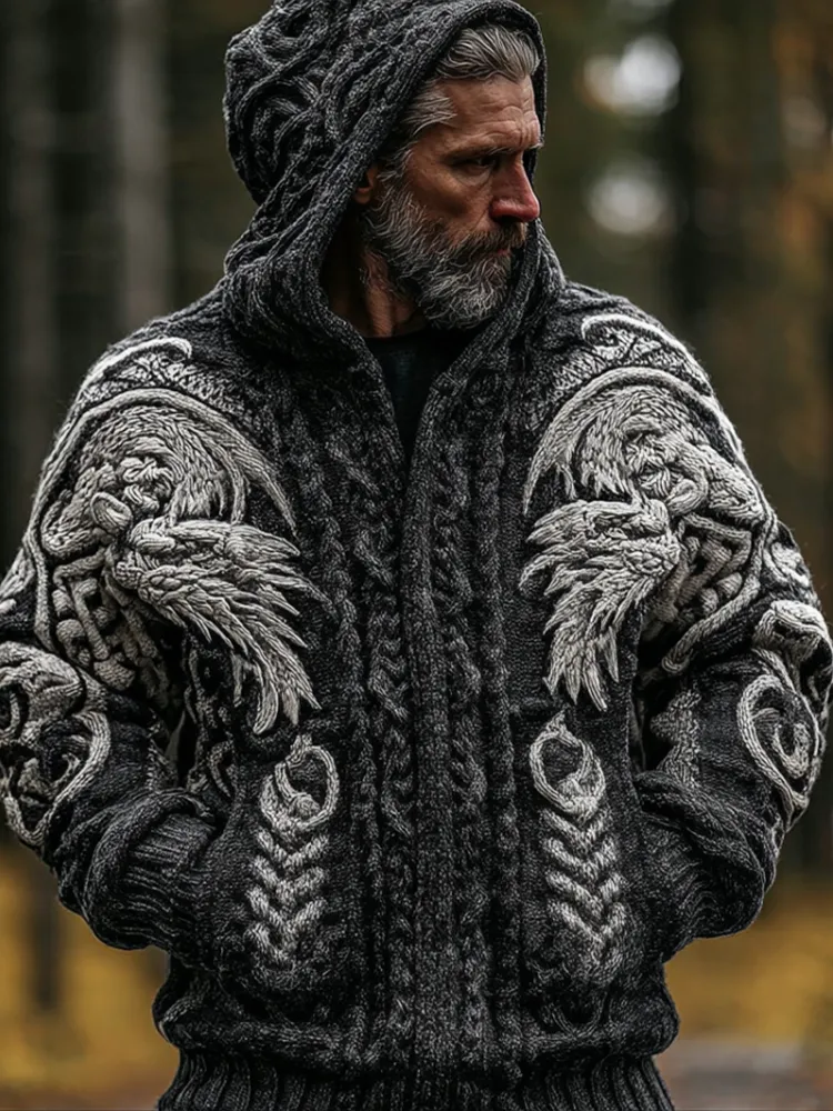 Men's Viking-style Winter Warm Hooded Knitted Sweater Coat