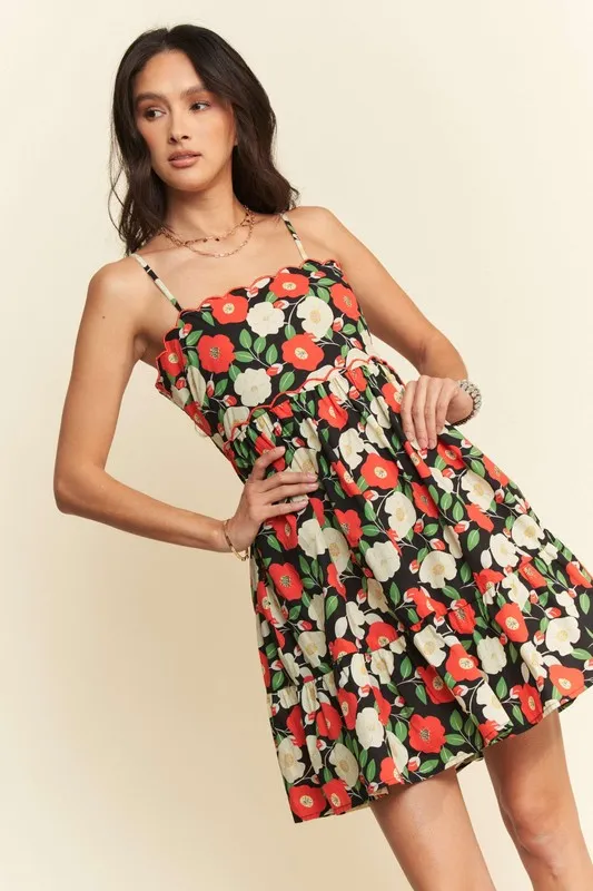 Floral Scalloped Cutout Back Mini Dress