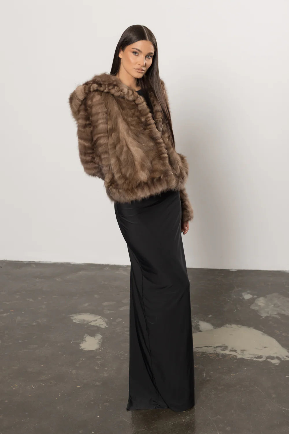 Haină din Blană Naturală de Zibelina, cu Glugă, Femei, Sable Brown 433