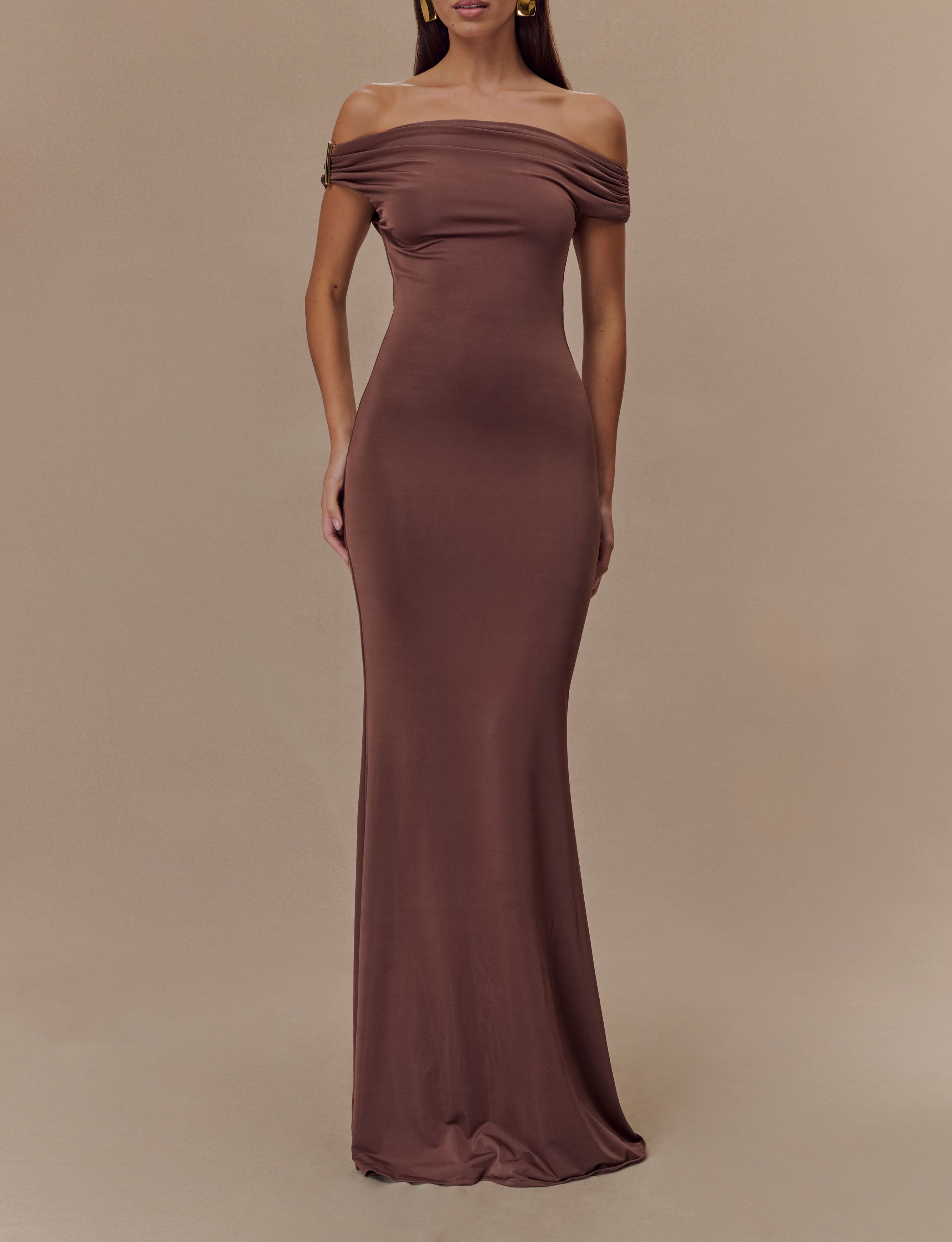 Chocolate Slinky Maxi Dress With Hardware