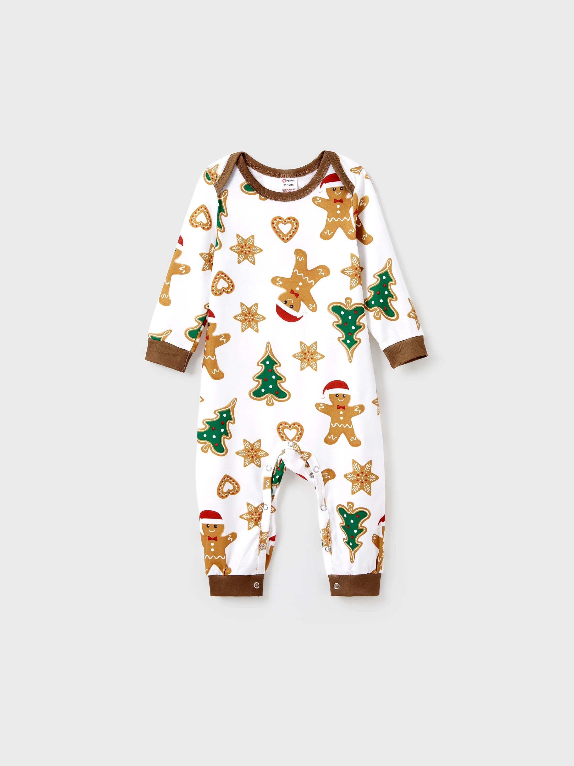 Christmas Family Matching Cartoon Gingerbread Man and Tree All-over Print Long-sleeve Pajamas Sets with Christmas Socks Coffee