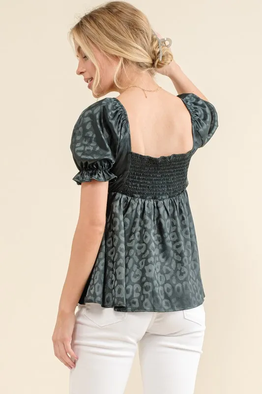Satin Leopard V Wired Puff Sleeves Blouse