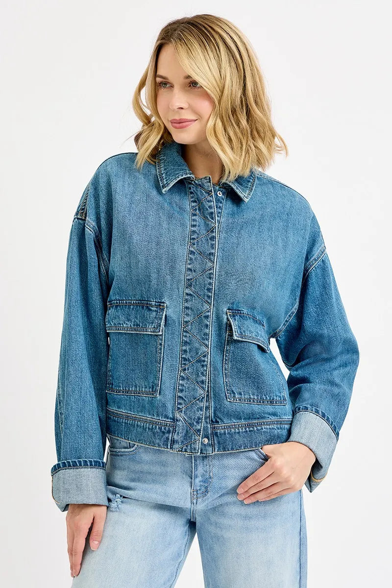 Oversized Cargo Pocket Denim Jacket with Cuffed Sleeves