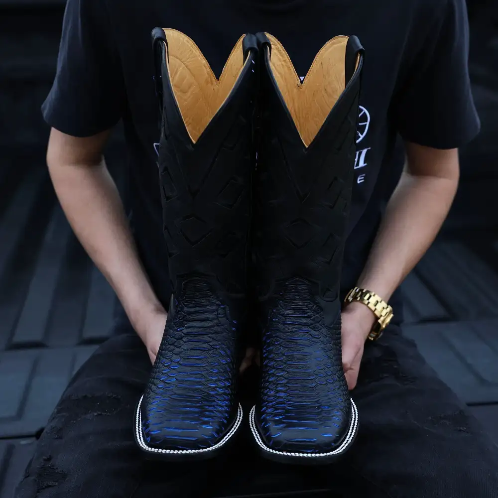 Royal Blue & Black Python Leather Boots - Square Toe