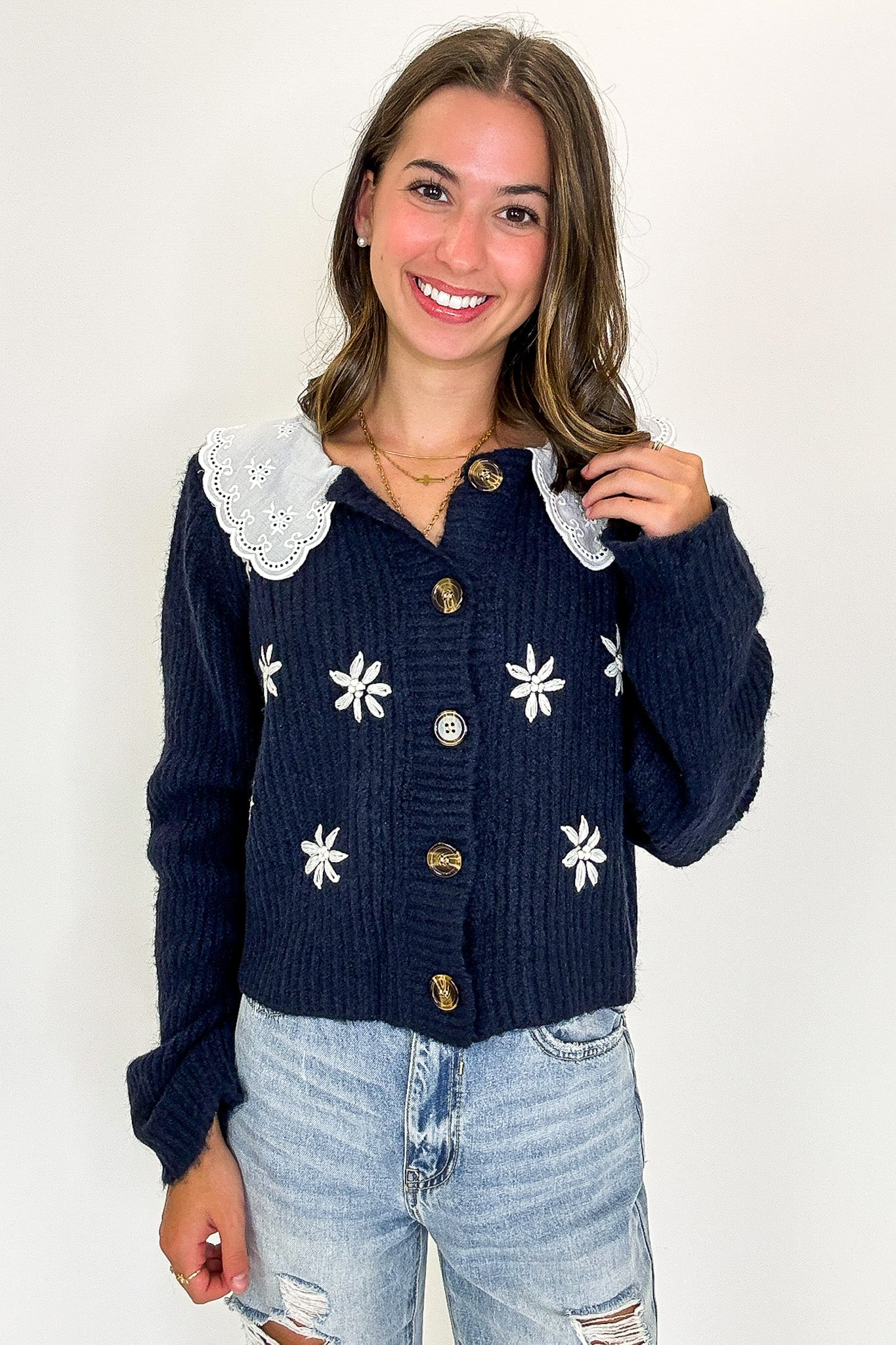 Cottage Bloom Floral Knit Collared Cardigan