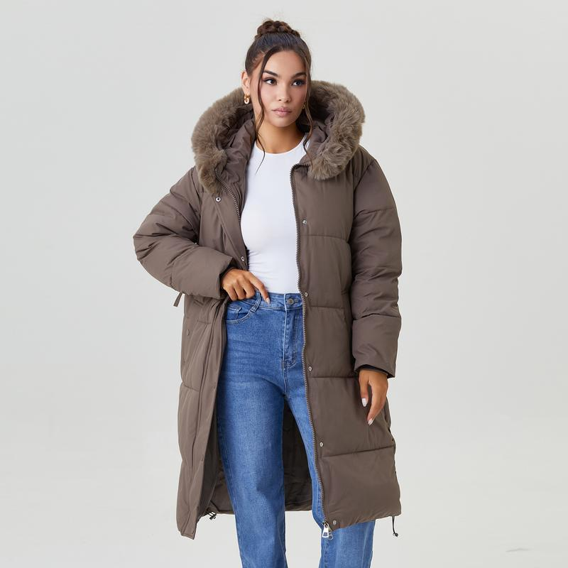 Women's Classy Solid Color Fluffy Hooded Waist Tie Zipper Thermal Long Outerwear with Gloves