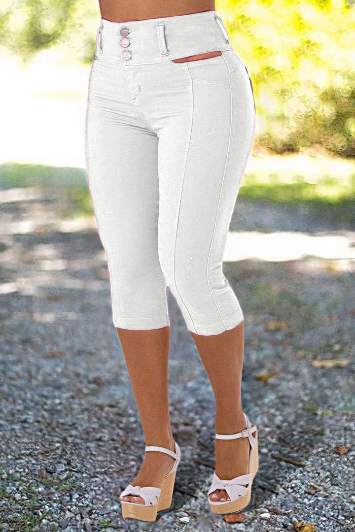 Solid Cut Out Waist Skinny High Waist Capri Jeans2