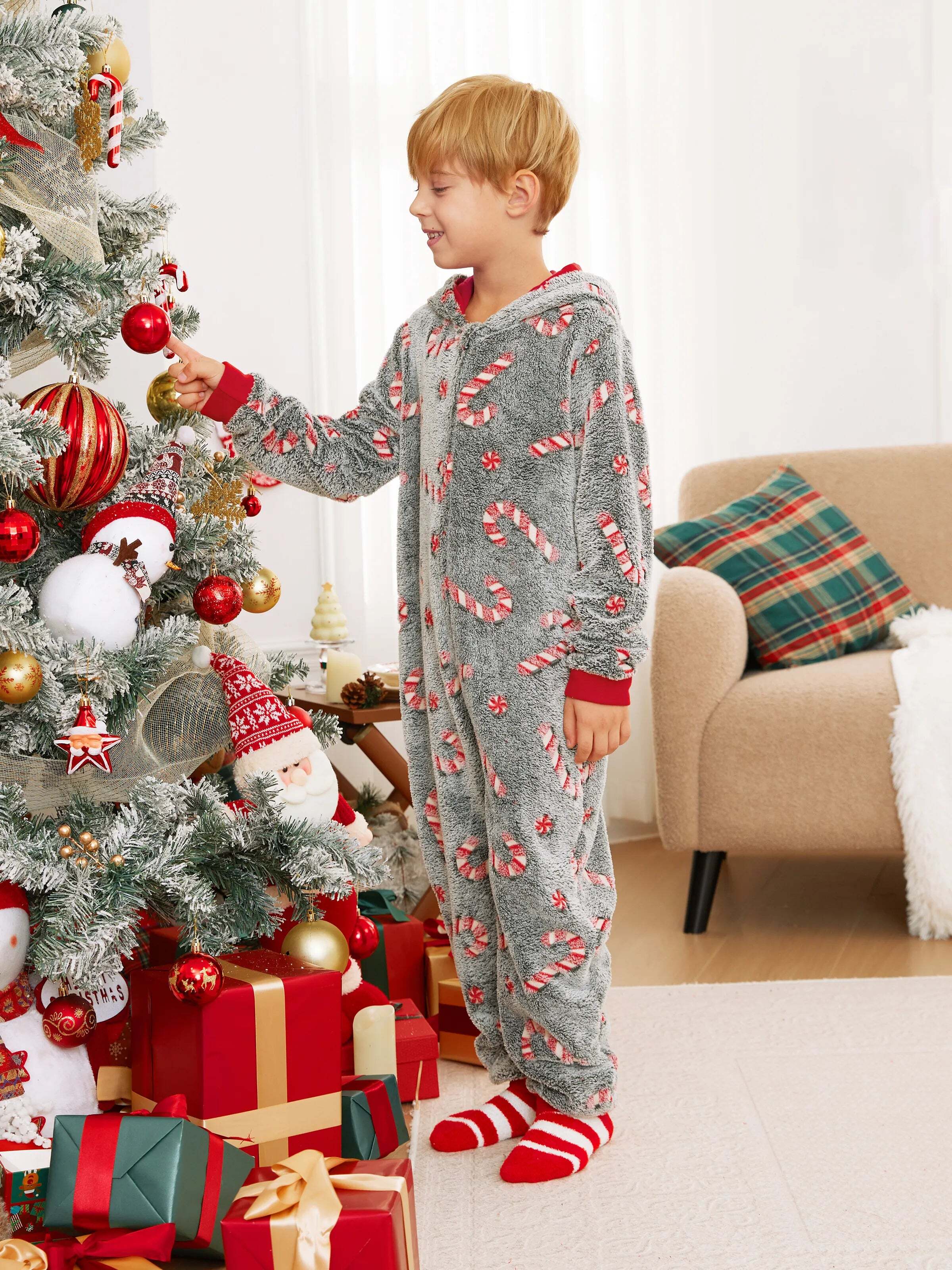 Onesies Pajamas Matching Christmas Outfits Candy Cane Pattern (Glow in the Dark) with Christmas Socks Black