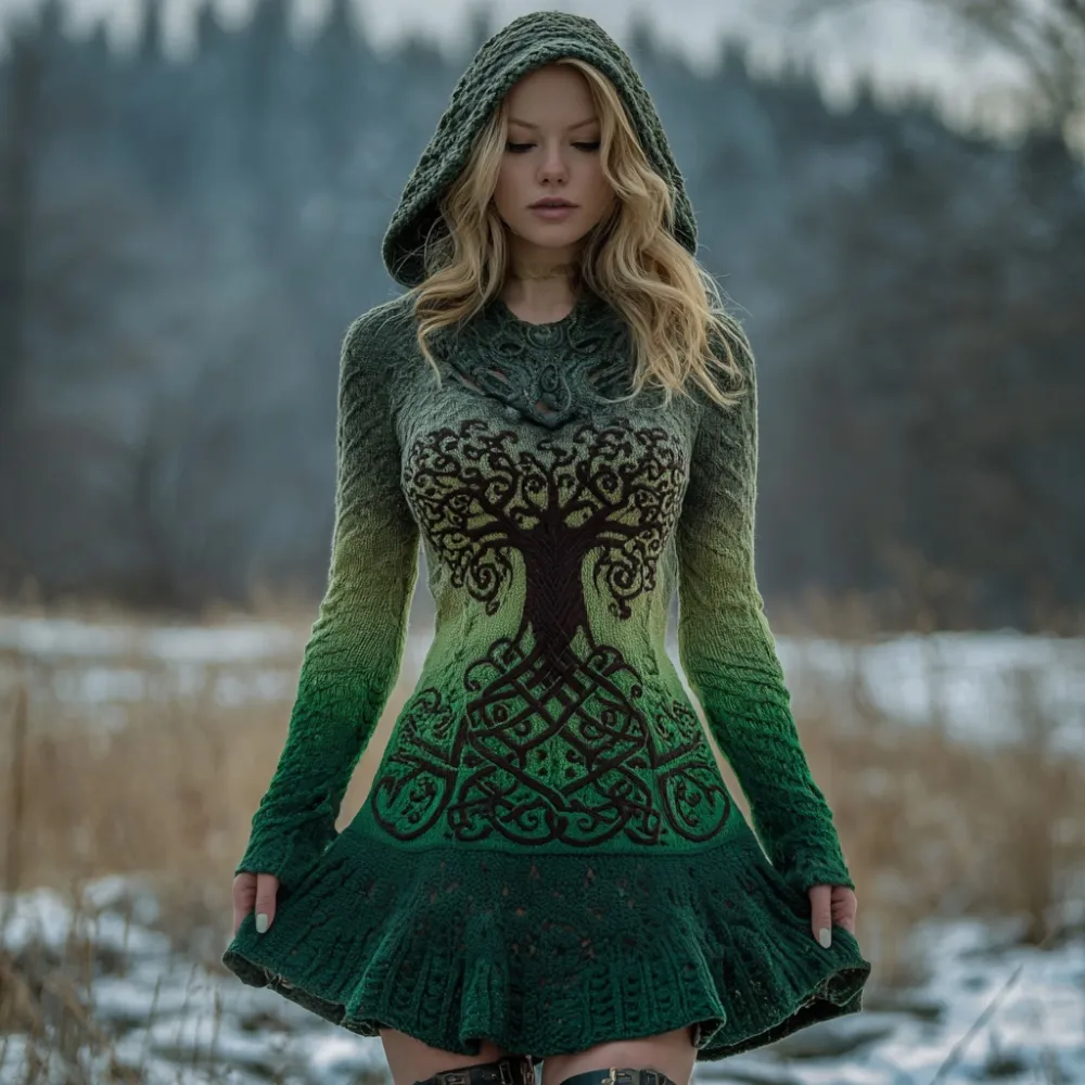Vintage Tree Of Life Pattern Gradient Hooded Sweater Dress