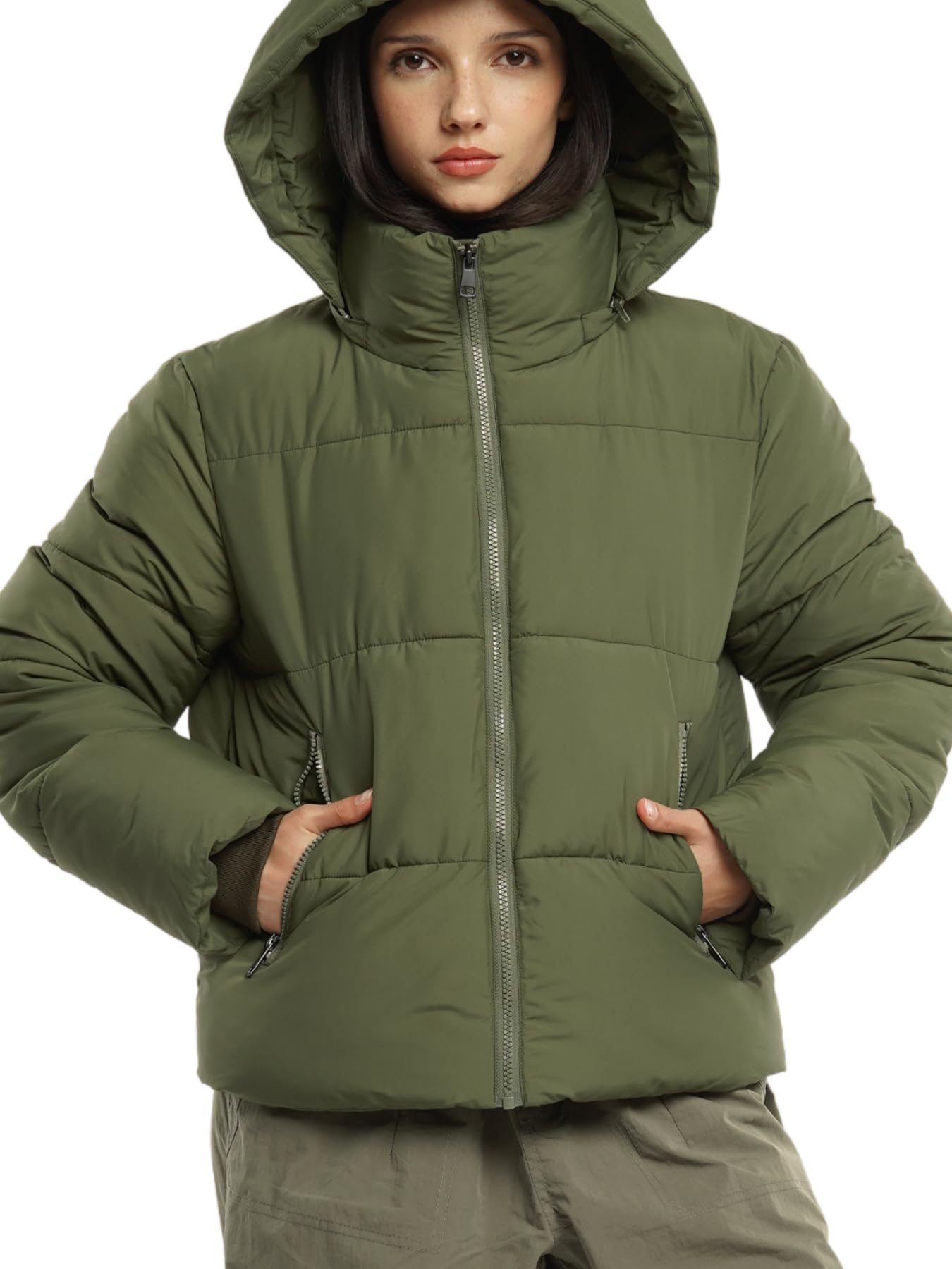 WarmCore Premium Short Puffer Jackets with Removable Hood & Optional Faux Fur Linging, Lady Casual Outerwear Longsleeves Zip Pockets Warm Quilted Coat