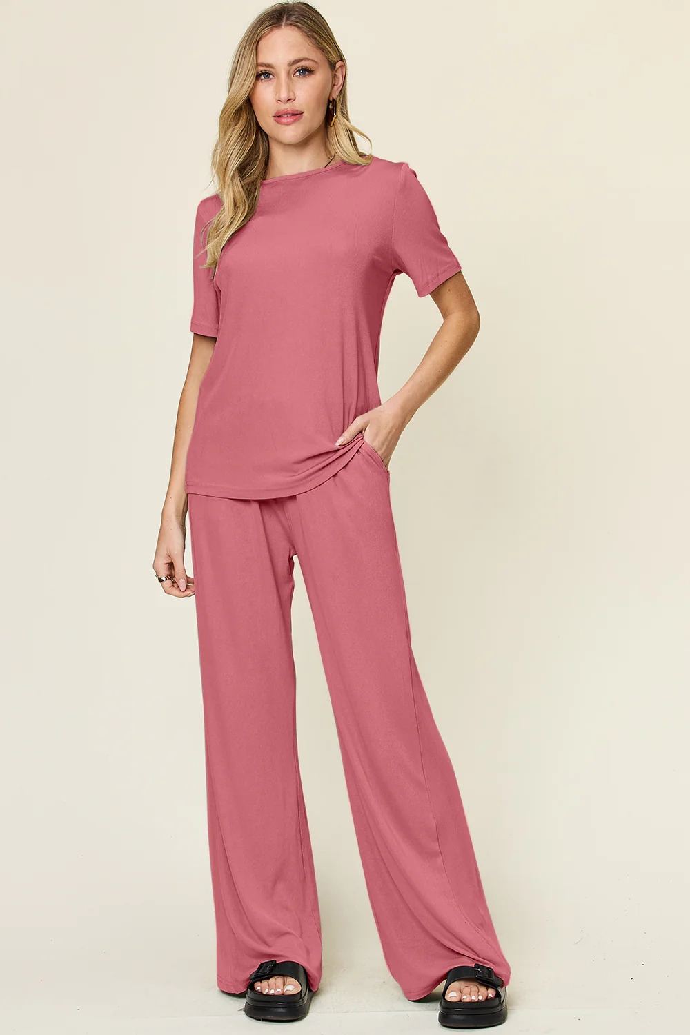 Full Size Round Neck Short Sleeve T-Shirt and Wide Leg Pants Set
