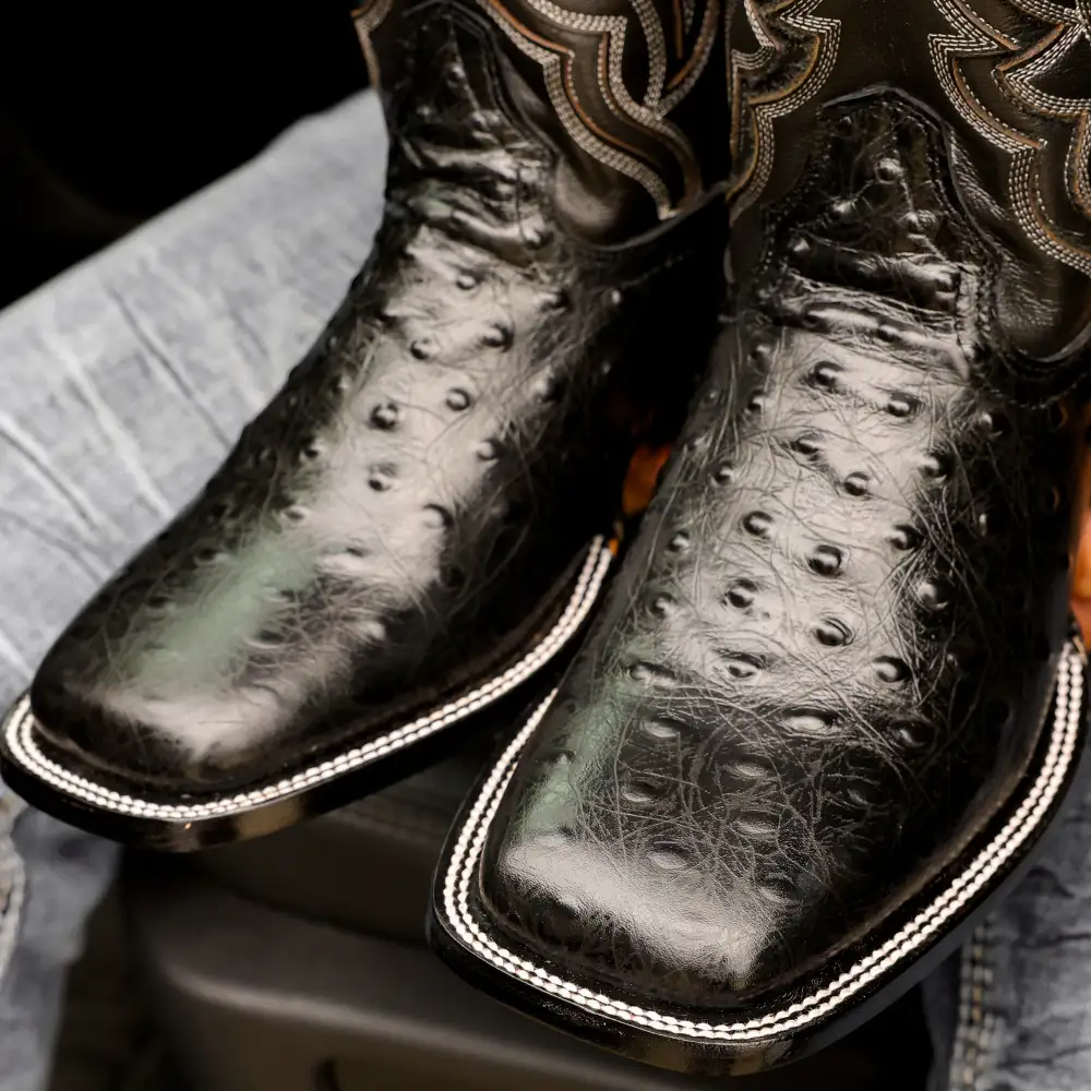 Black Ostrich Leather Boots - Square Toe