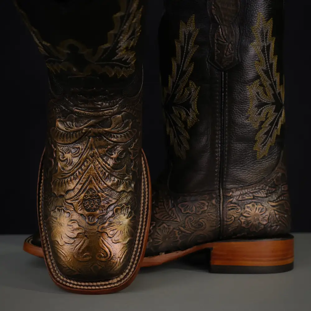 Bronze Hand-Tooled Leather Boots — Square Toe