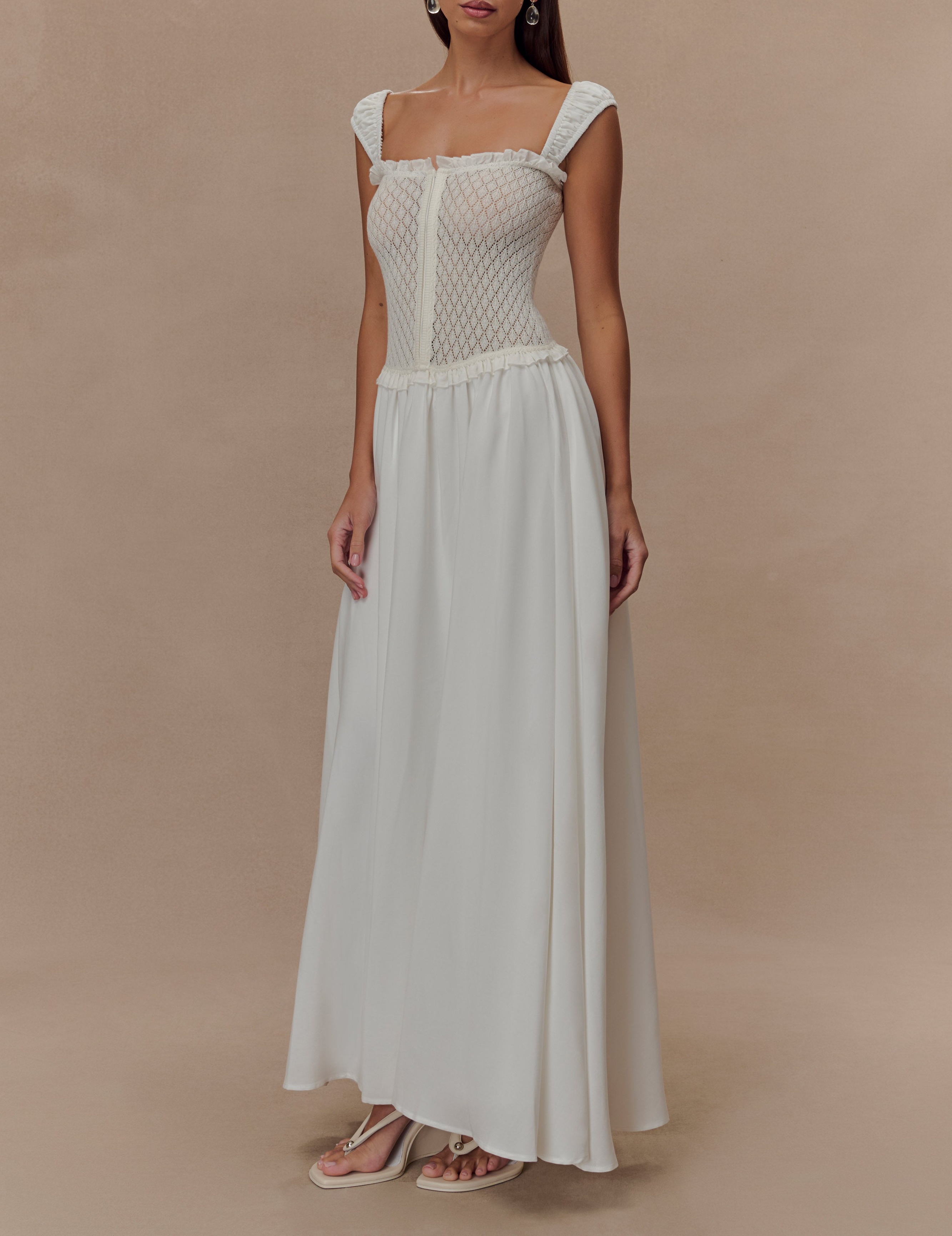 White Pointelle Knit Midi Dress