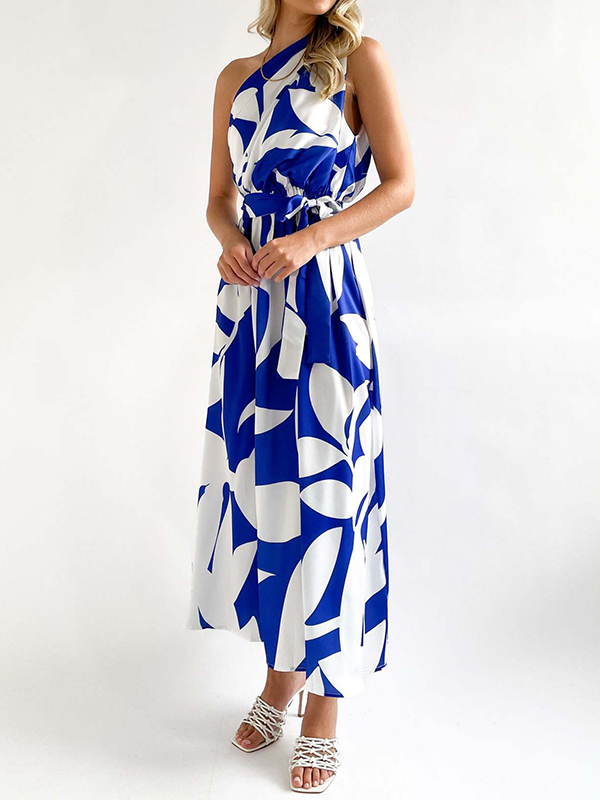 Bandage Contrast Color Hollow Printed Loose Sleeveless One-Shoulder Midi Dresses