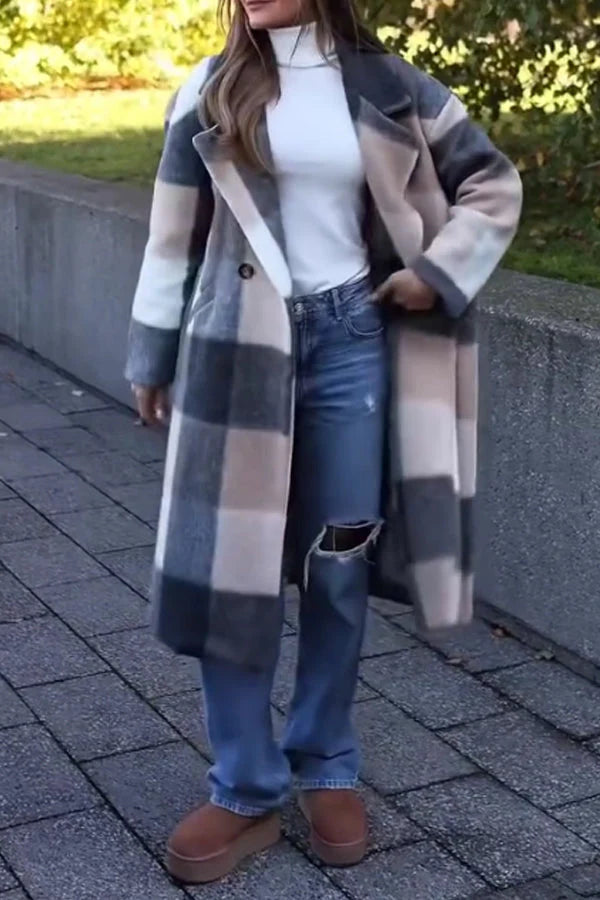 Women Autumn Winter Colorful Plaid Long Coat