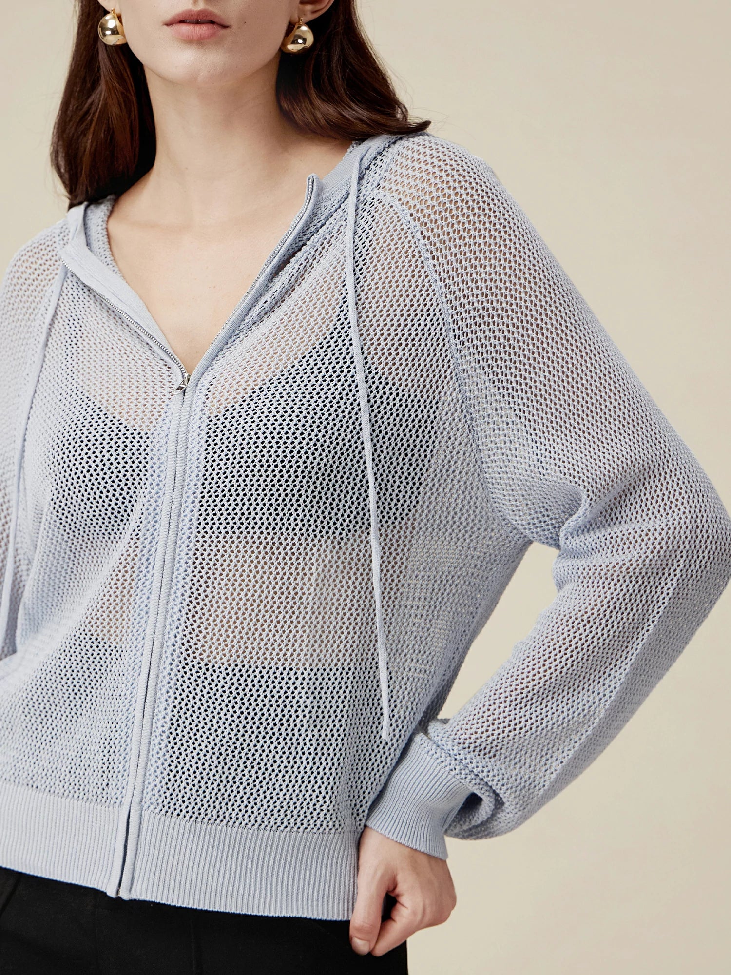 Linen & Lyocell Hooded Hollow Out Cardigan