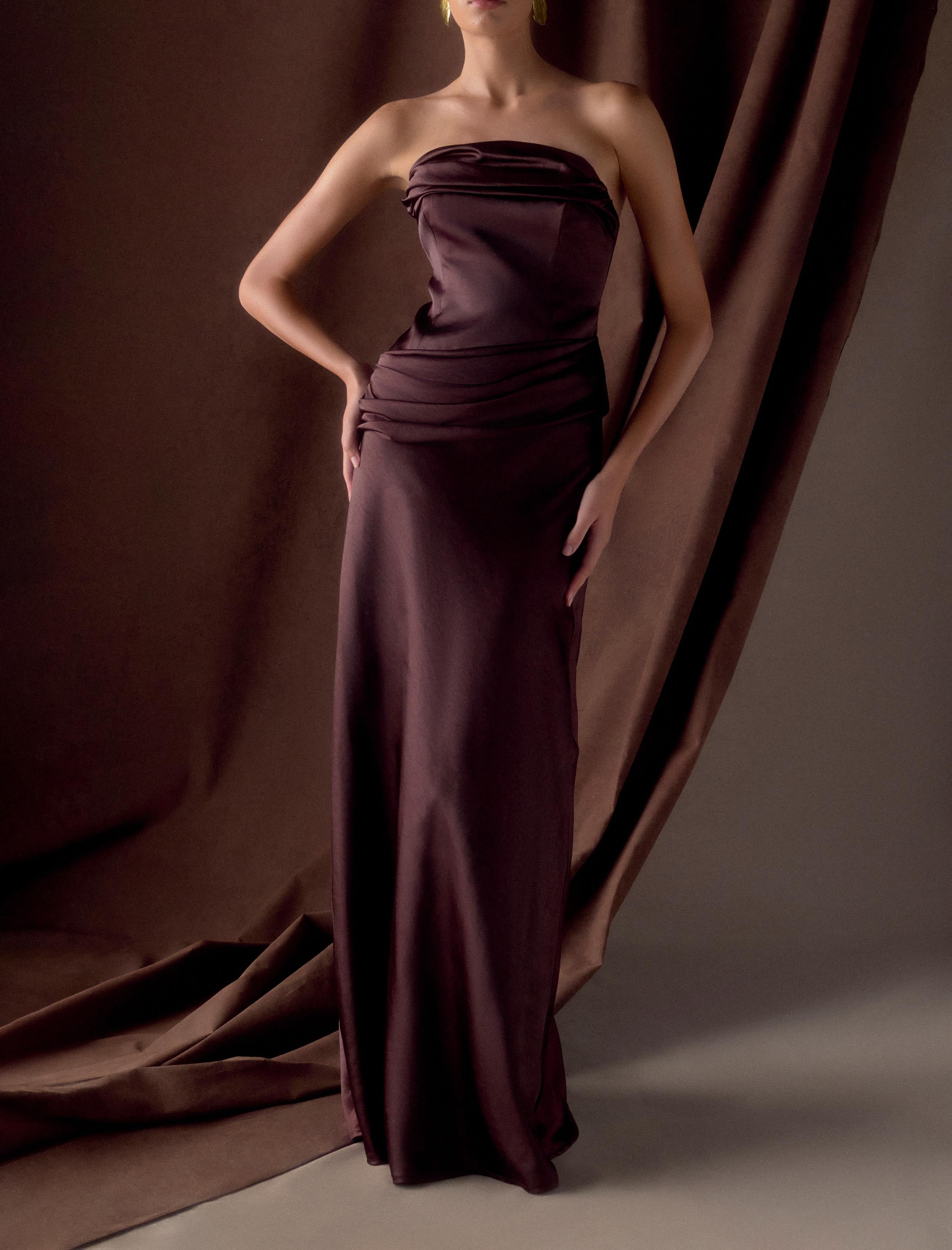 Chocolate Strapless Satin Maxi Dress
