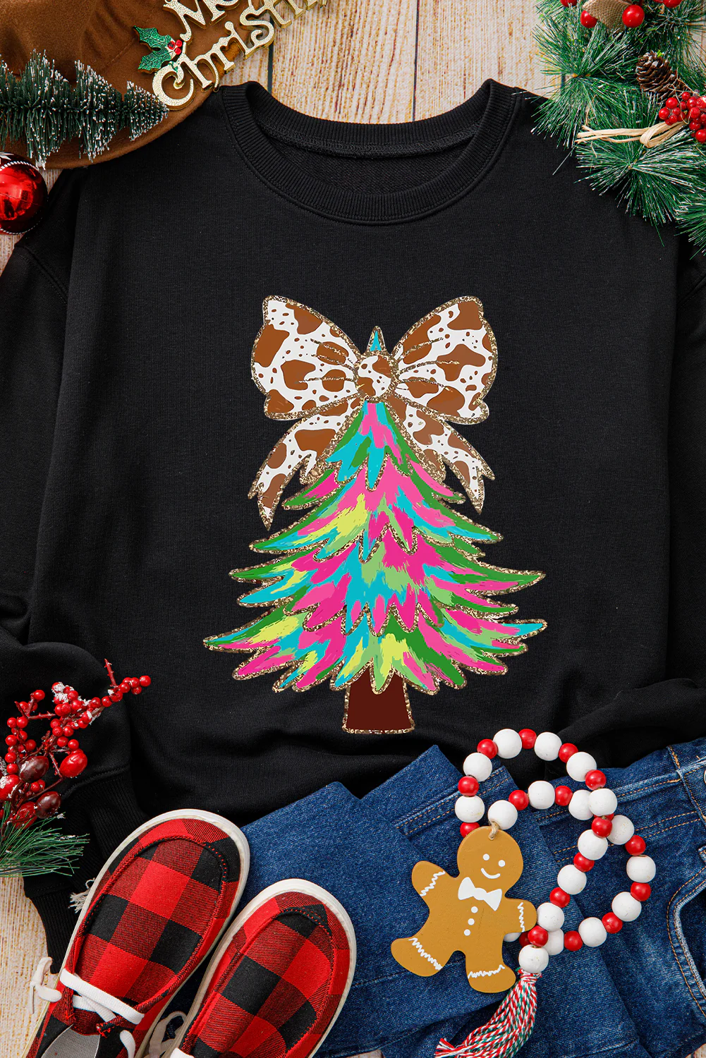 Bowknot Christmas Tree Shiny Graphic Sweatshirt