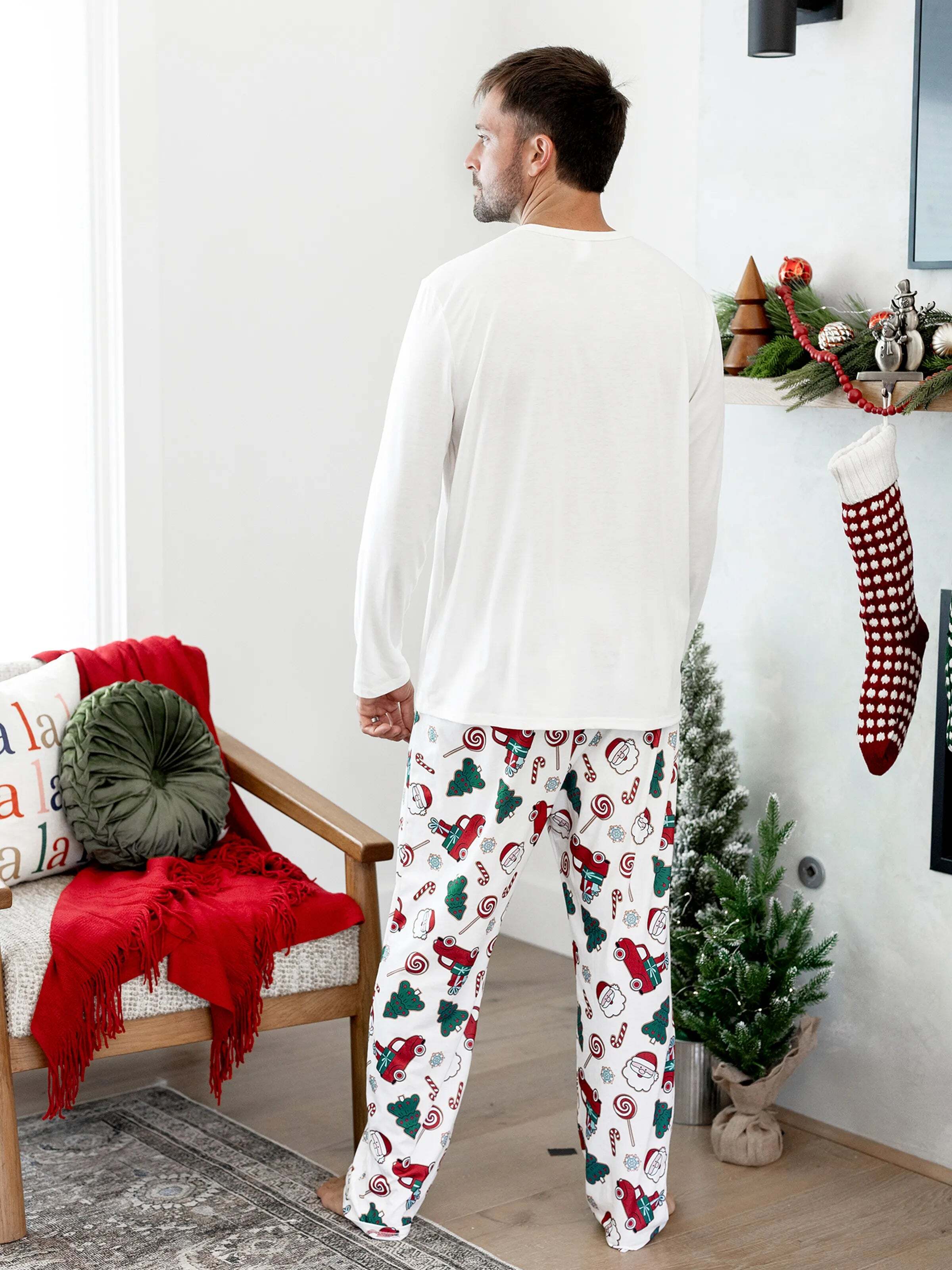 Christmas Matching Family Pajamas Set Santa Claus and Christmas Tree Print White PJS with Christmas Socks White